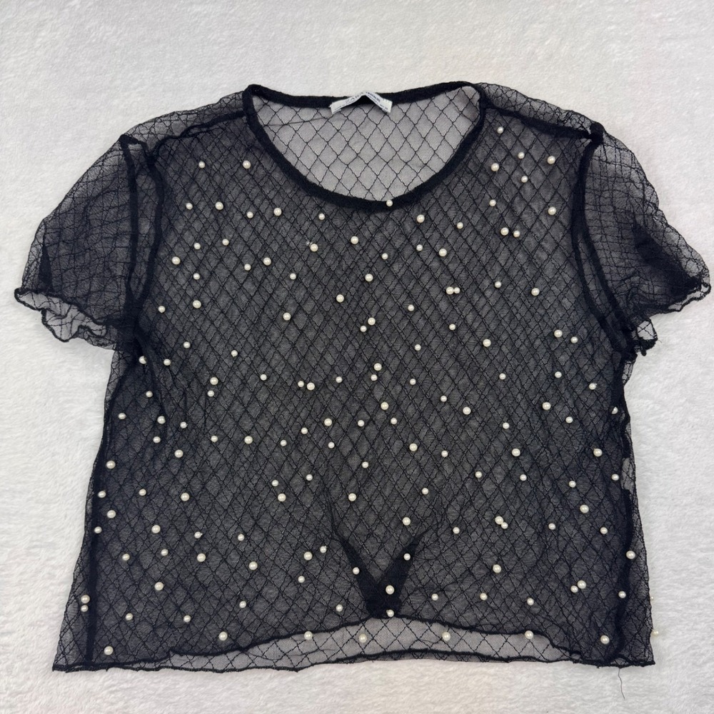 Zara Trafaluc Black Sheer Mesh Pearl Embellished Short Sleeve Top Size L